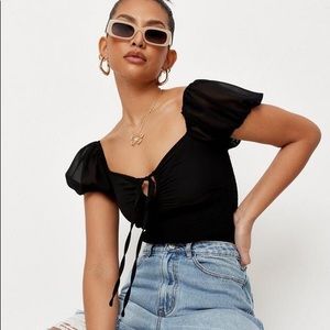 Black Chiffon Shirred Waist Blouse